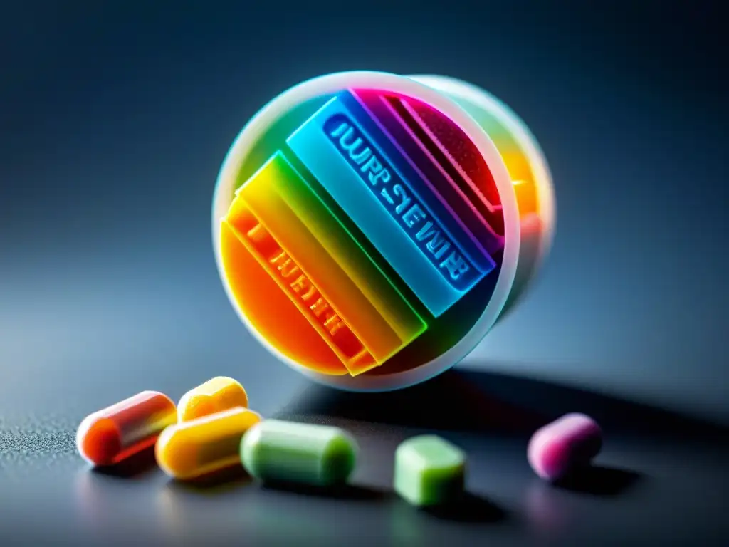 Creación personalizada de suplementos nutricionales con impresión 3D Detallada impresión 3D de suplemento nutricional personalizado, destacando la tecnología y colores vibrantes