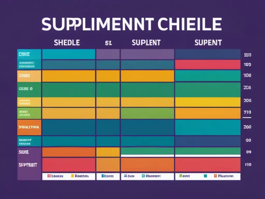 Guía detallada de suplementación: dosificación y periodización Un detallado y moderno cuadro de horario de suplementos, con colores vibrantes y texto claro, ideal para comprender la suplementación deportiva