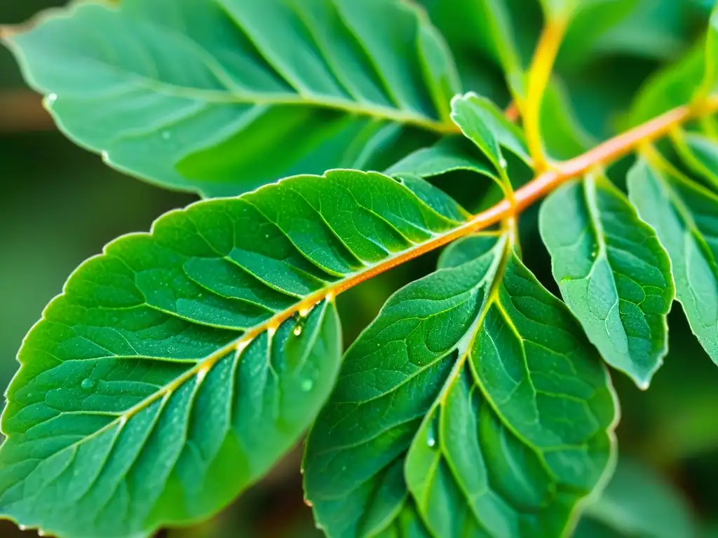 Herba adaptógena verde con rocío: detalle impresionante Un detallado primer plano de una hierba adaptógena verde vibrante, con gotas de rocío brillando en sus hojas