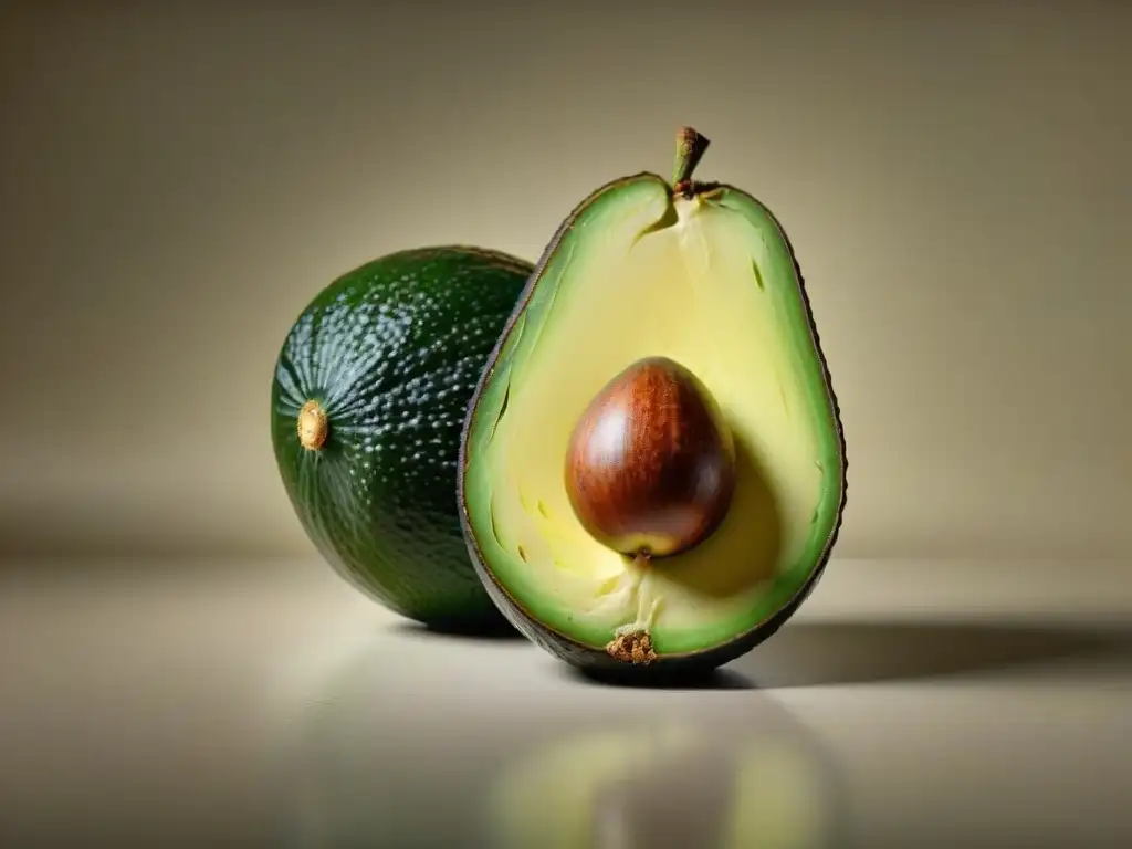 Exquisita textura del aguacate cortado en alta definición Detalle de aguacate fresco cortado en dos mitades, resaltando la textura y frescura, beneficiosa para los huesos