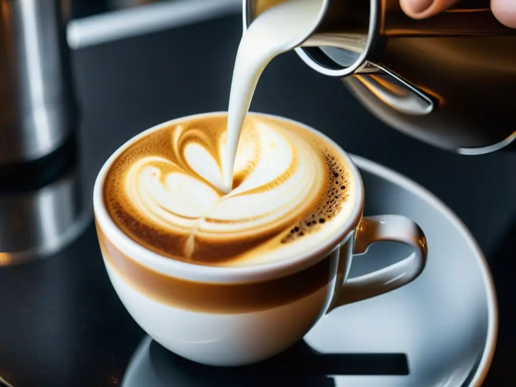 Arte en la Taza: Barista Vertiendo Leche Detalle de arte barista: vertido preciso de leche en café espresso, efectos de la cafeína en deporte