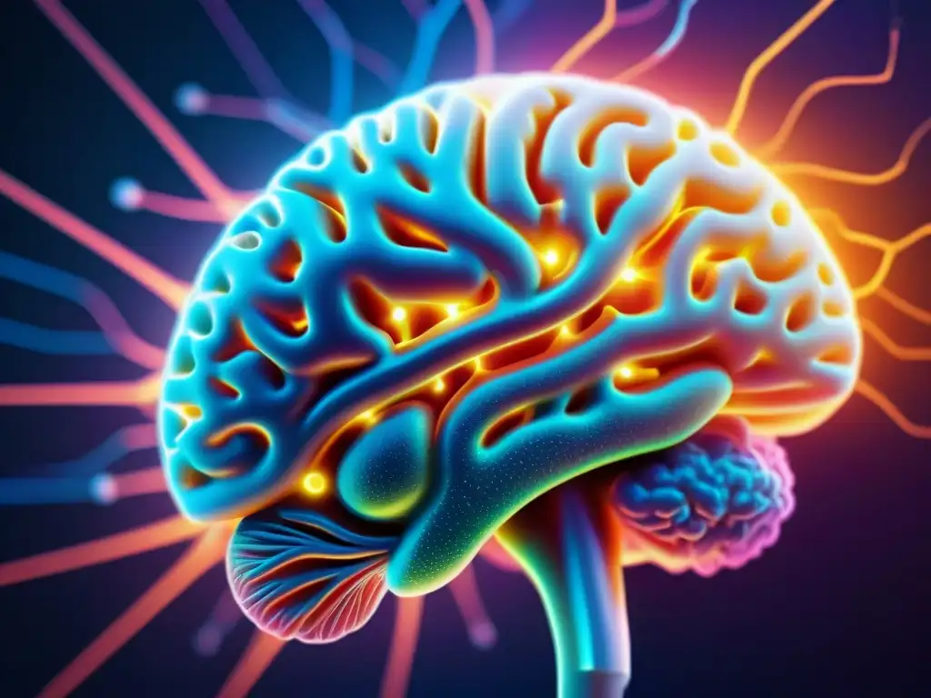 Sinapsis brillantes: imagen impactante del cerebro humano Detalle asombroso del cerebro humano con conexiones neuronales vibrantes y sinapsis resplandecientes