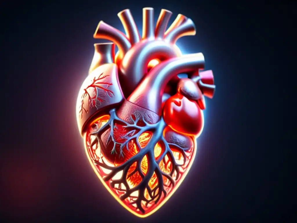 Corazón humano radiante rodeado de moléculas de selenio Detalle asombroso del corazón humano rodeado de una red brillante de moléculas de selenio, resaltando la importancia del selenio en salud cardíaca