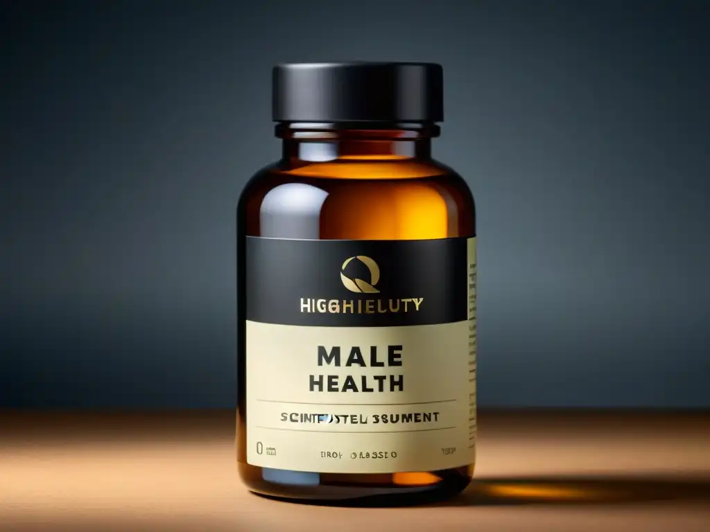 Fórmula masculina premium para salud reproductiva Detalle de botella de suplementos salud reproductiva masculina en vidrio elegante con etiqueta mate y tipografía minimalista