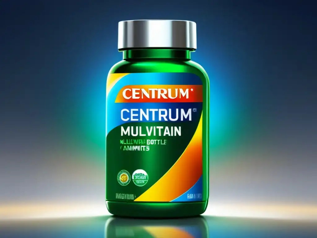 Vibrante botella de vitaminas Centrum con tabletas detalladas Detalle de botella de multivitamínicos Centrum, con tabletas vibrantes y efectividad multivitamínicos Centrum
