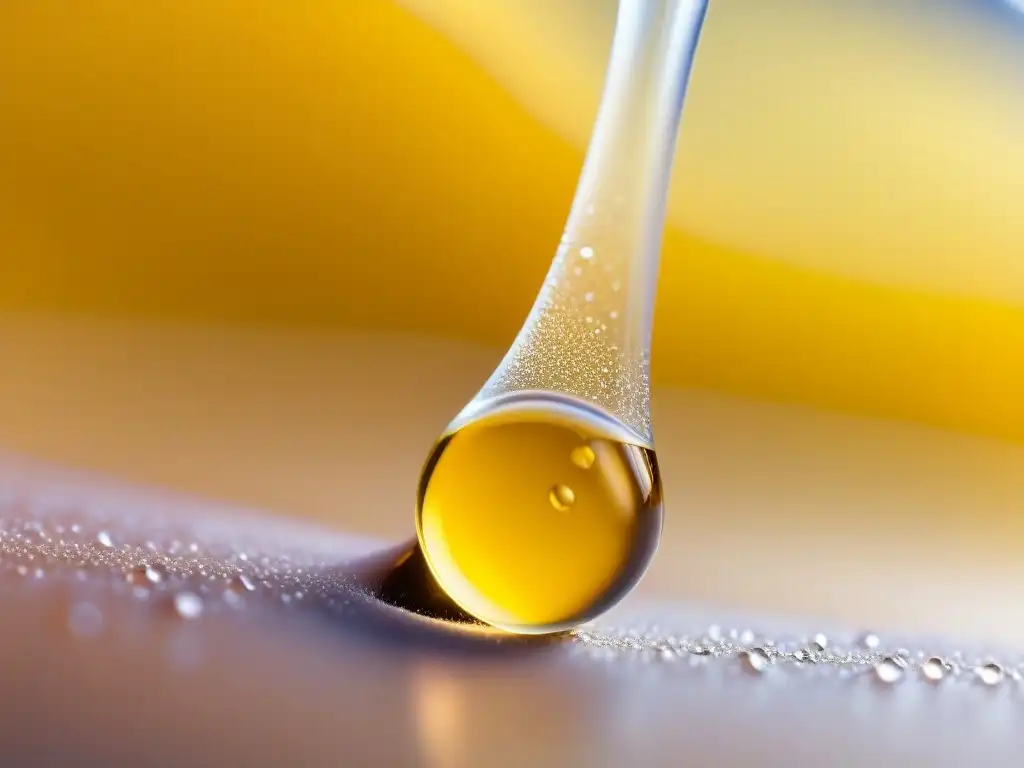 Vitamina E: Detalle asombroso del cabello con aceite, en laboratorio Detalle de un cabello con gotas de aceite de vitamina E, resaltando los beneficios para la piel y el cabello