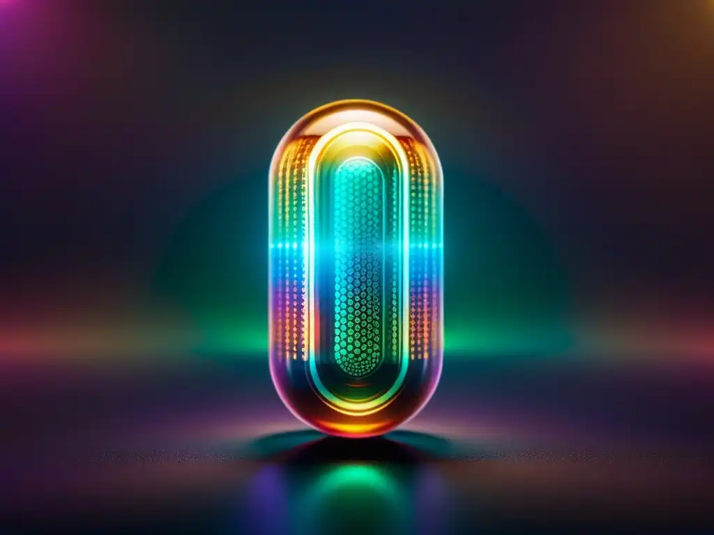 Detalle asombroso de cápsula holográfica: colores vibrantes Detalle de cápsula holográfica con patrones e iridiscencia, ideal para suplementos para potenciar concentración deportiva