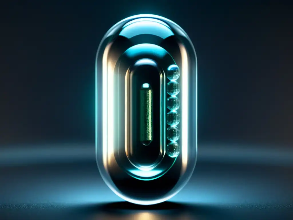 Píldora transparente con nanotecnología futurista Detalle de cápsula transparente con avanzada nanotecnología en suplementos nutricionales