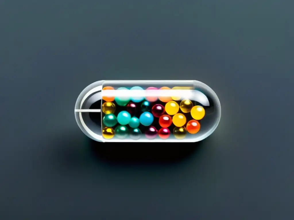 Cápsula transparente con microesferas de liberación prolongada Detalle de cápsula transparente con microesferas de liberación sostenida, mostrando innovación en suplementos de rendimiento