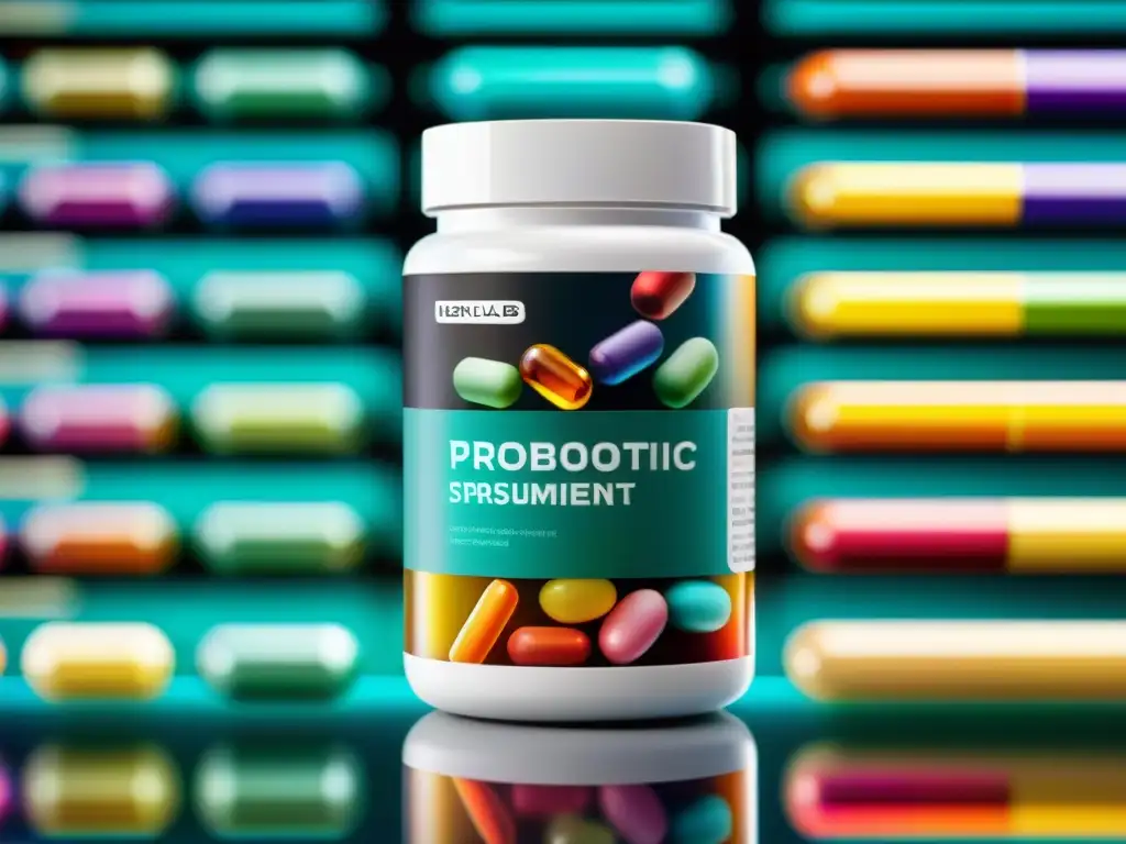 Suplementos Microbióticos Innovadores en Cápsulas Detalle de cápsula transparente con suplementos innovadores para microbiota en ambiente de laboratorio de vanguardia