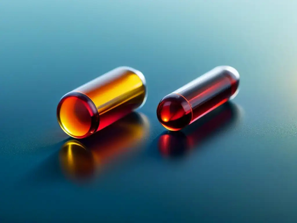 Suplementos de aceite de krill y pescado: detalle ultrarrealista Detalle de cápsulas de aceite de pescado y krill, resaltando diferencias entre ambos