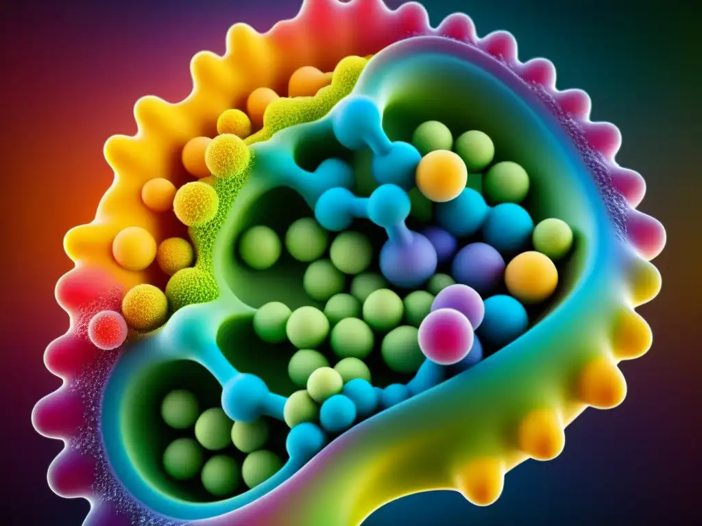 Microestructura colorida de enzimas digestivas Detalle científico de enzimas digestivas descomponiendo alimentos, mostrando eficacia y precisión en la ciencia