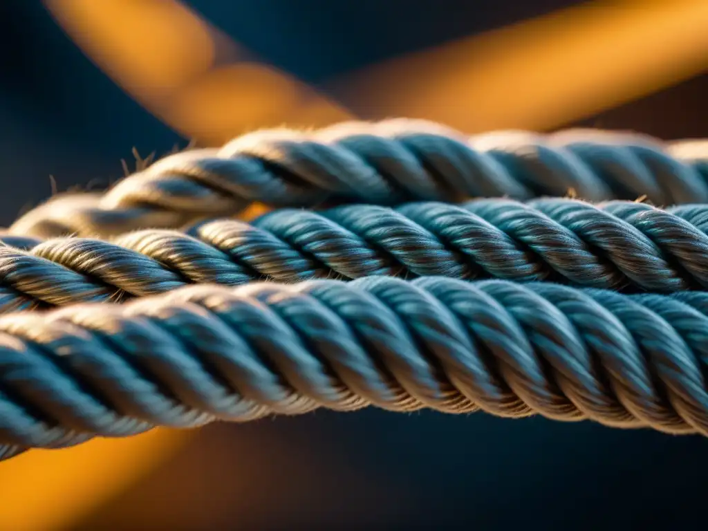 Detalles en la Tensión: Cuerda en Dramática Luz Detalle de una cuerda tensa iluminada con dramática luz cálida, transmitiendo incertidumbre y riesgo