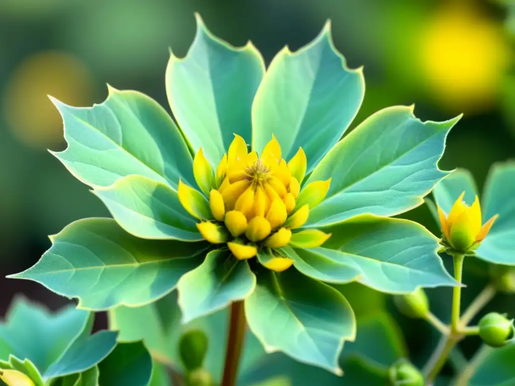 Detalle exquisito de planta Tribulus Terrestris, resaltando su belleza natural y beneficios para la potencia masculina en un entorno sereno