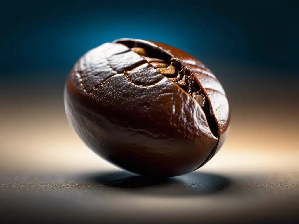 Grano de café tostado en alta resolución: texturas y tonos profundos Detalle de un grano de café tostado con texturas intrincadas y tonos profundos