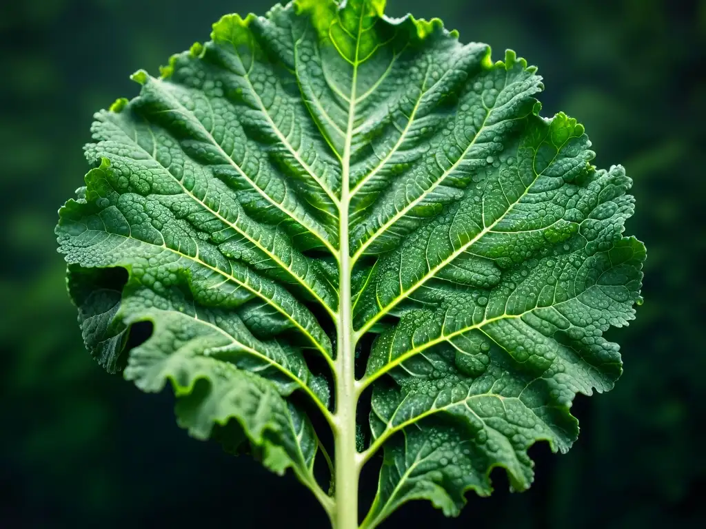 Detalles asombrosos de la hoja de col rizada verde con gotas de agua Detalle de una hoja de col rizada verde vibrante con gotas de agua brillando al sol, resaltando su fresca textura natural y los beneficios de la vitamina K para el corazón