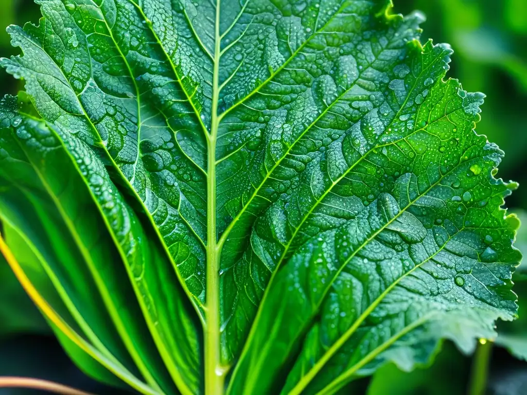 Detalles vibrantes de hoja de kale con gotas de agua Detalle de hoja de col rizada verde con gotas de agua, resaltando su textura y venas