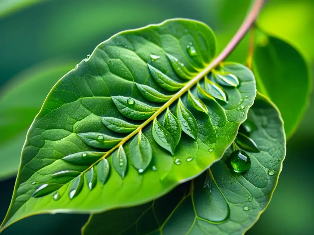 Detalles asombrosos de hoja de té verde: pureza y vitalidad Detalle de una hoja de té verde con gotas de agua