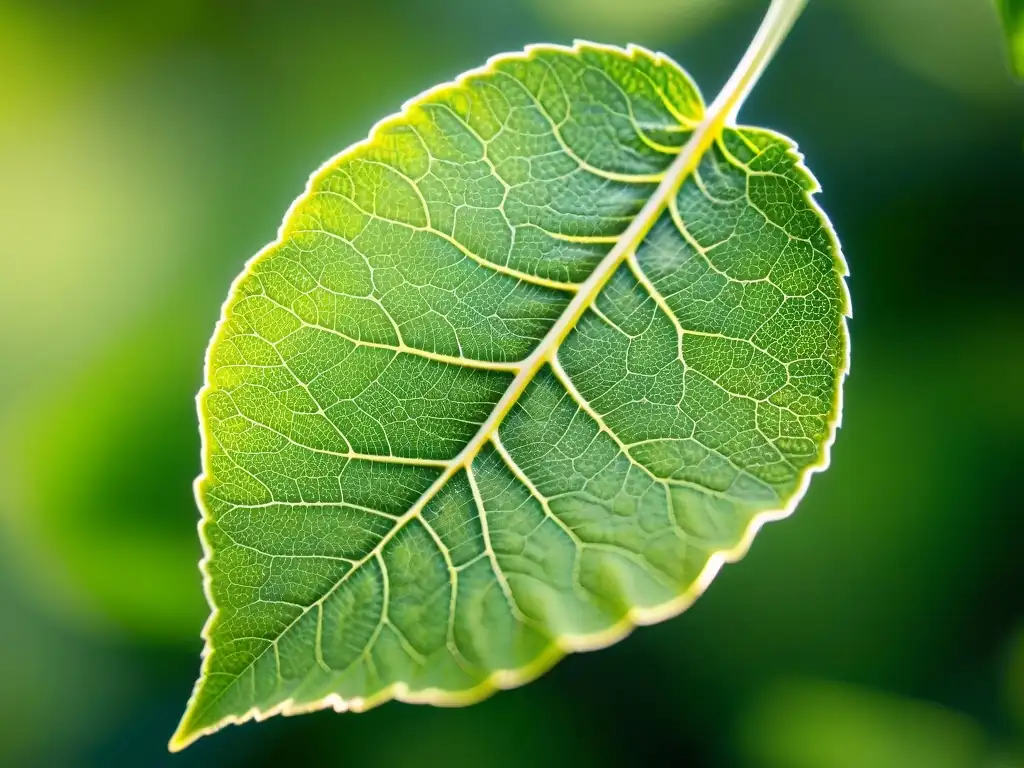 Detalles de hoja verde rica en CoQ10, vitalidad y renovación Detalle de una hoja verde rica en coenzima Q10, iluminada por el sol, resaltando los beneficios para el cerebro