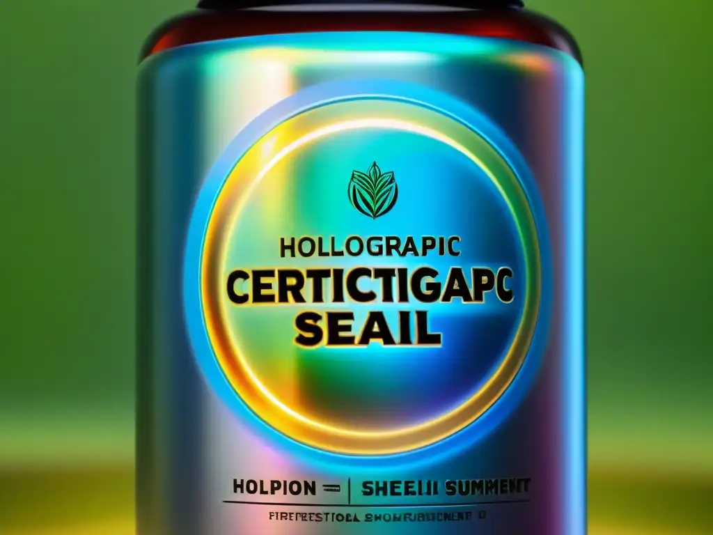 Sello holográfico de certificación en frasco de suplemento herbal Detalle holográfico en sello certificación en botella suplemento herbario
