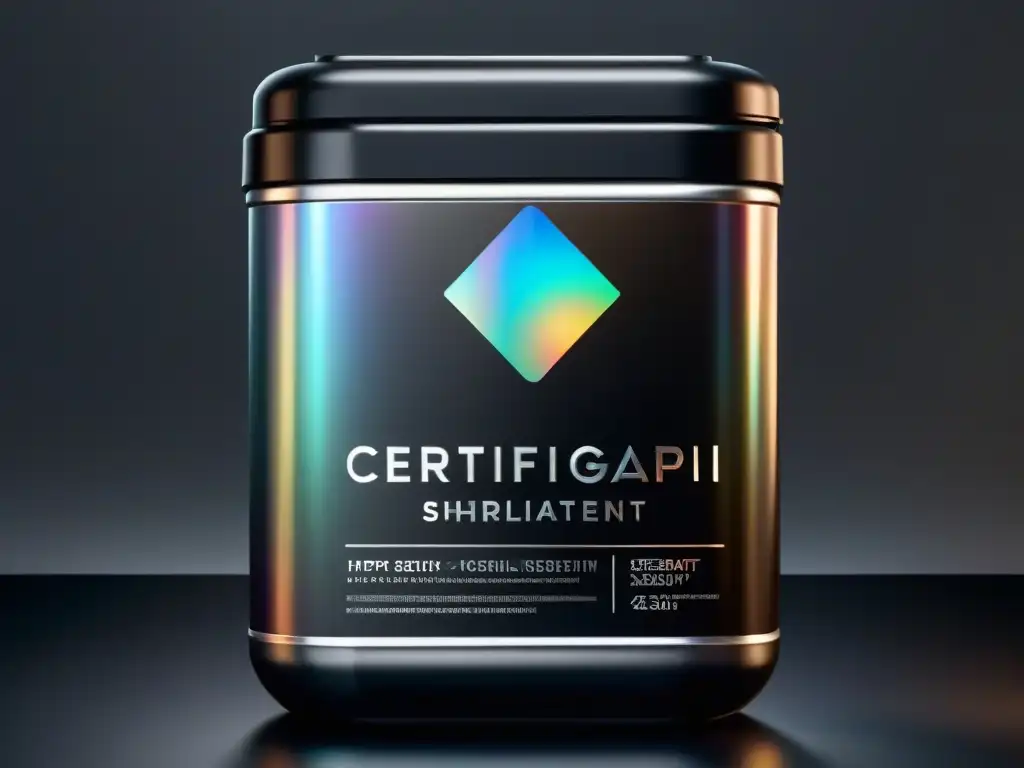 Etiqueta holográfica de certificación en envase deportivo negro mate Detalle holográfico de certificación en suplemento deportivo negro mate