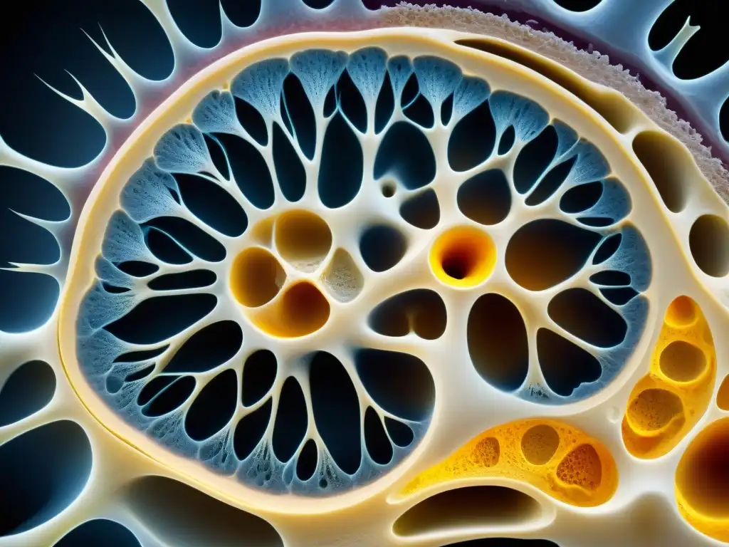 Microestructura ósea: vitalidad y fortaleza Detalle de hueso sano con red trabecular y médula ósea, transmitiendo fuerza y vitalidad