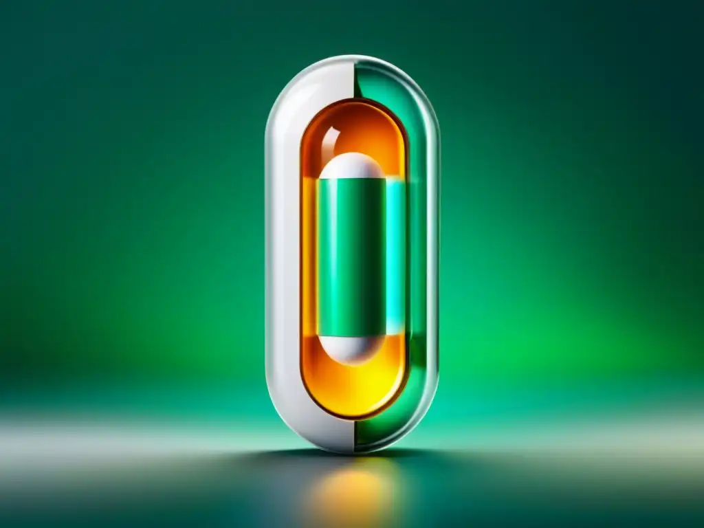 Detalles impactantes de cápsula de píldora de liberación prolongada Detalle impresionante de una cápsula de píldora dividida, revelando los intrincados ingredientes clave suplementos liberación prolongada