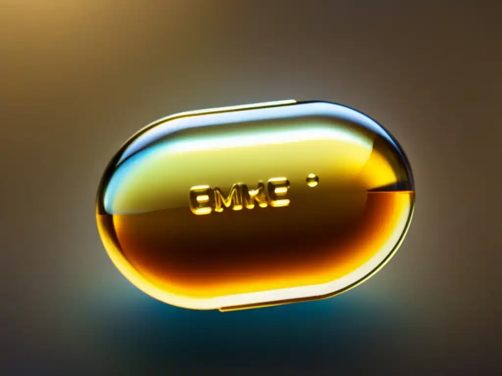 Detalle hipnótico: Cápsula de vitamina E abierta Detalle impresionante de una cápsula de vitamina E abriéndose, revelando su contenido dorado y aceitoso