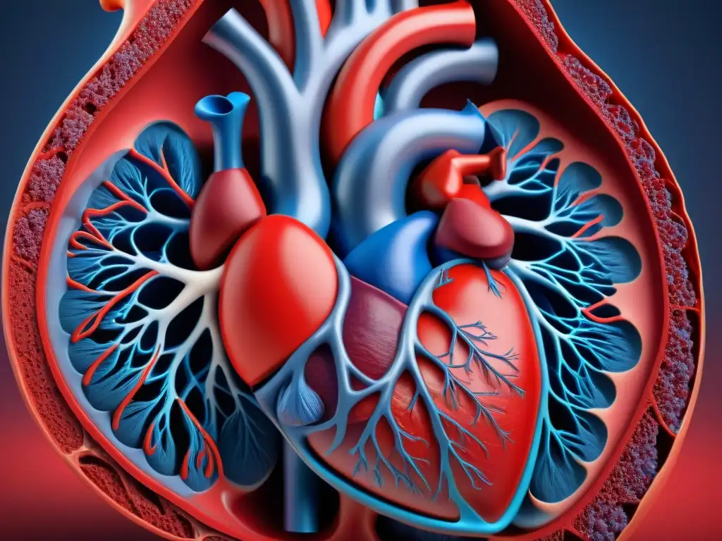 Corazón humano sano: Detalles asombrosos en 8k Detalle impresionante del corazón humano sano, resaltando la red de arterias y venas, mostrando el flujo sanguíneo