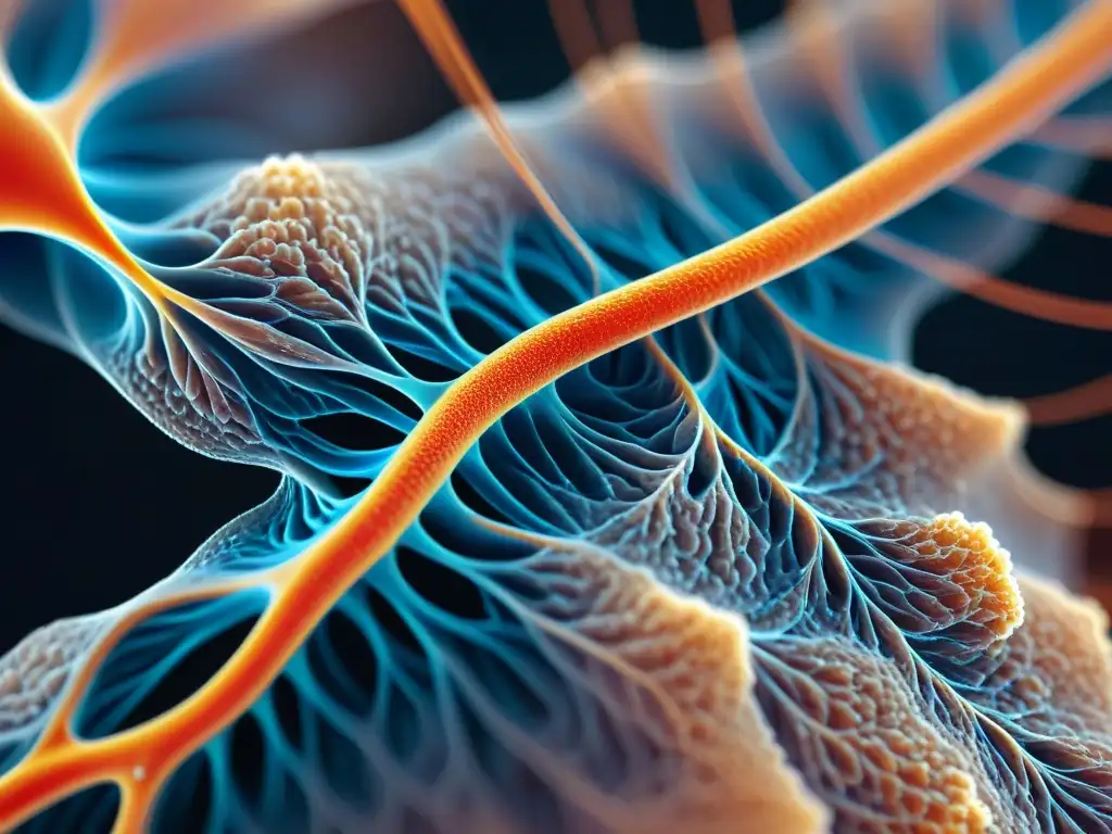 Red BCAA: Revelando la Red Muscular Detalle impresionante de una fibra muscular bajo microscopio, ilustrando la importancia de BCAAs en el progreso muscular