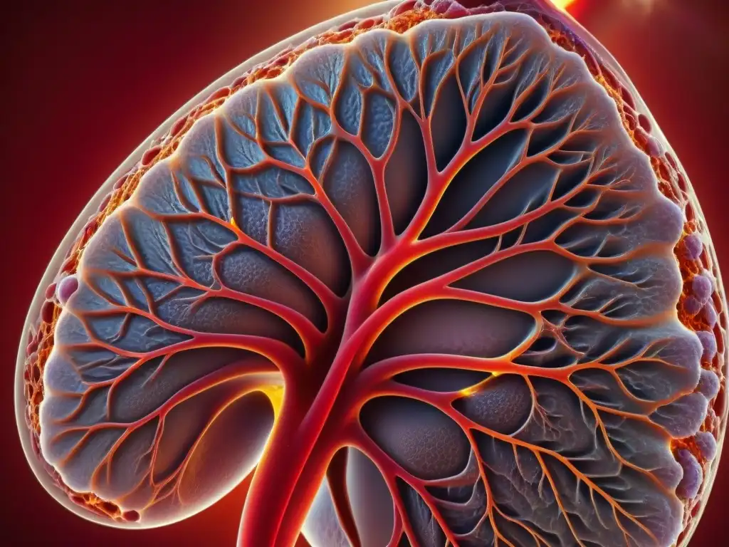 Detalle asombroso del hígado sano: red vivo y estructura intrincada Detalle impresionante del hígado sano, resaltando su red de vasos sanguíneos y funciones vitales