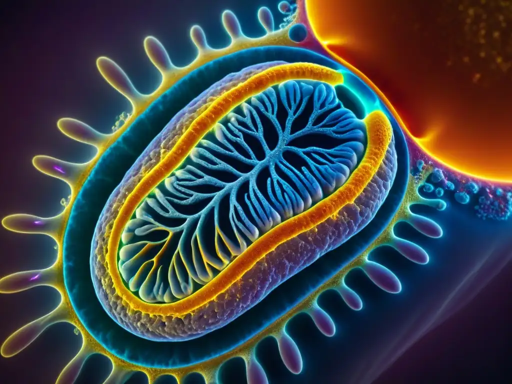 Mitochondria: Energía Celular y Suplementos Avanzados Detalle impresionante de una mitocondria humana, resaltando su compleja estructura interna y vibrantes colores
