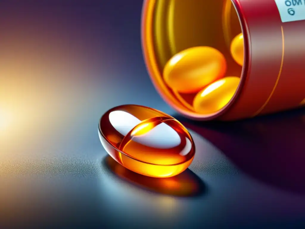 Suplemento de Coenzima Q10: Textura Detallada y Eficacia Moderna Detalle impresionante de pastilla de suplemento de CoQ10 con diseño moderno y envase vibrante, rodeado de luz suave