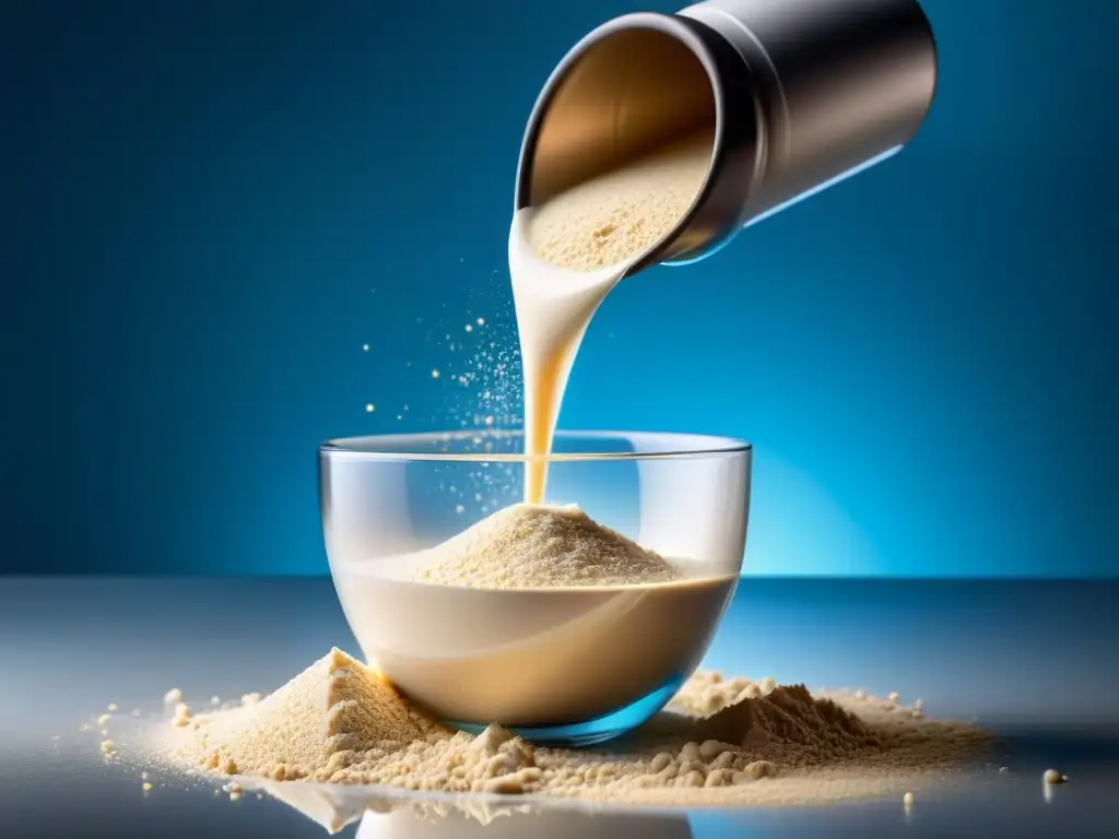 Polvo de Proteína Micelar en Elegante Botella Detalle impresionante: Proteína Micellar Casein catabolismo nocturno en polvo suspendida en el aire, elegancia y modernidad en la cocina