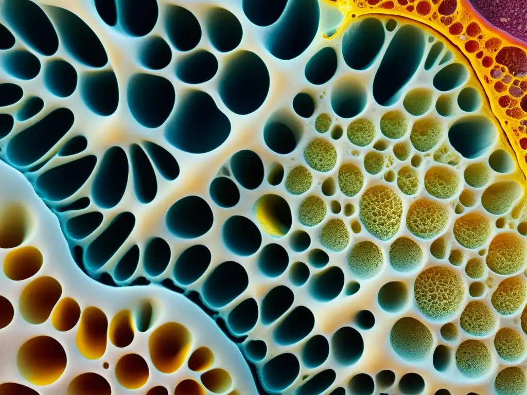 Microscopio revela red ósea y zinc vital Detalle impresionante de una sección transversal de un hueso humano bajo microscopio, resaltando la red de células óseas y los depósitos de zinc