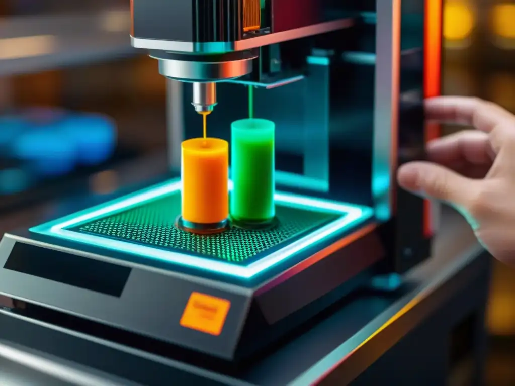 Creación personalizada de pastilla nutricional en 3D Detalle de impresora 3D creando píldora personalizada de suplementos nutricionales, resaltando precisión y tecnología futurista