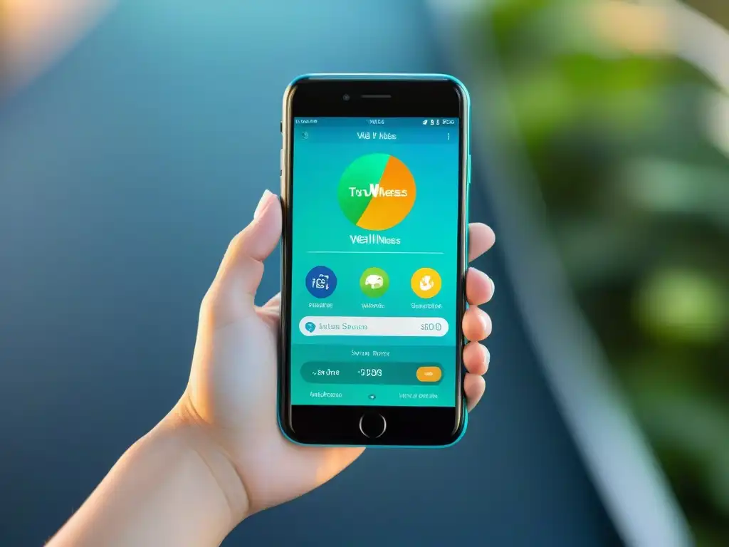 Aplicaciones de salud y bienestar: pantalla vibrante y detallada Detalle de pantalla de smartphone con apps de salud y bienestar, gráficos nítidos y diseño moderno