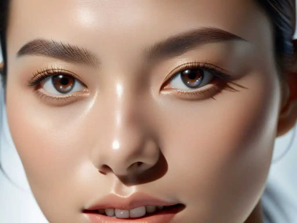 Piel radiante y perfecta: detalle ultradetallado Detalle de piel radiante y sin defectos en luz natural, evocando pureza y perfección
