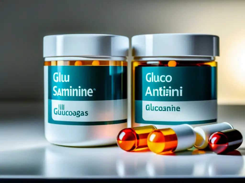 Contraste de Medicamentos: Glucosamina y Anticoagulantes Detalle de píldoras de glucosamina y anticoagulantes en contraste, mostrando su potencial interacción