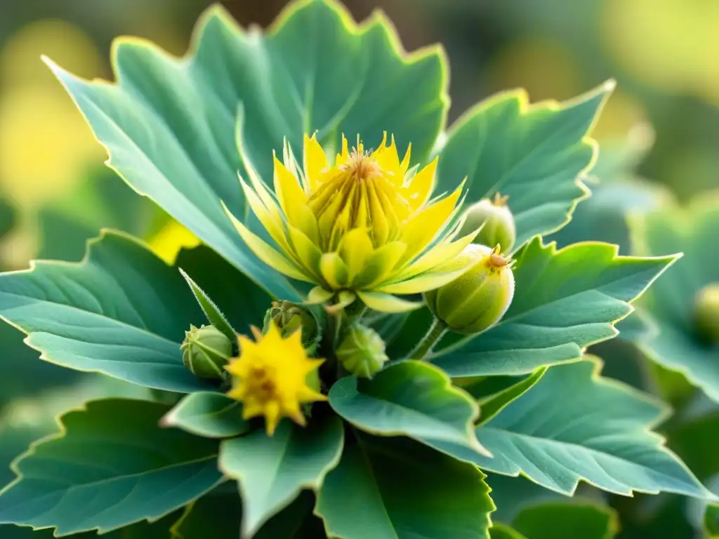 Detalle de planta Tribulus Terrestris verde vibrante, con hojas espinosas, flores amarillas y frutos redondos