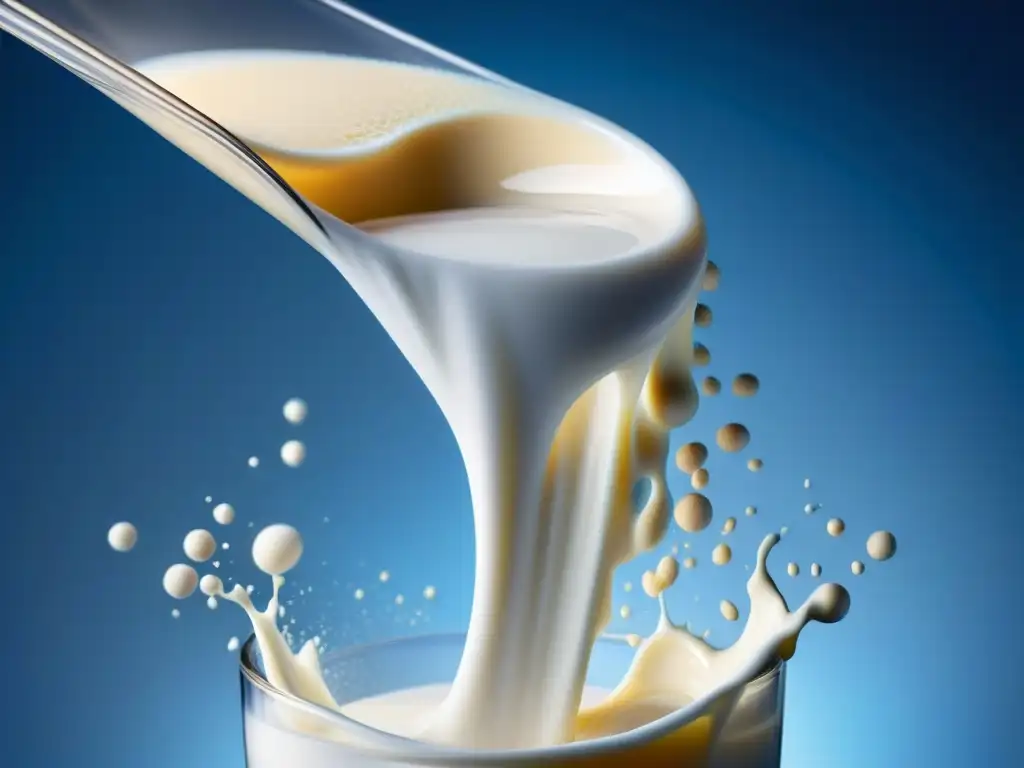 Detallada mezcla de proteína de caseína micelar con leche Detalle en alta definición de proteína Micellar Casein catabolismo nocturno al mezclarse con leche, resaltando su pureza y consistencia cremosa