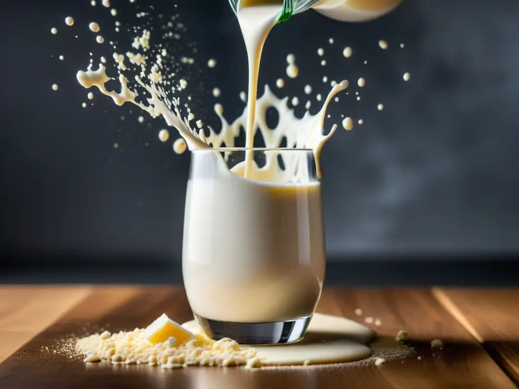 Proteína de Caseína Micelar: Elegancia en Acción Detalle de proteína Micellar Casein en leche, elegante cocina moderna