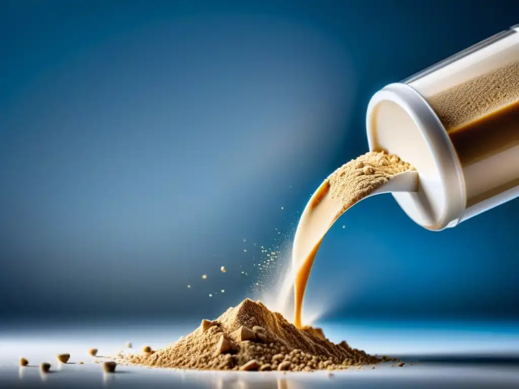 Polvo de proteína en acción: alta definición y colores vibrantes Detalle de proteína en polvo vertiéndose en botella mezcladora