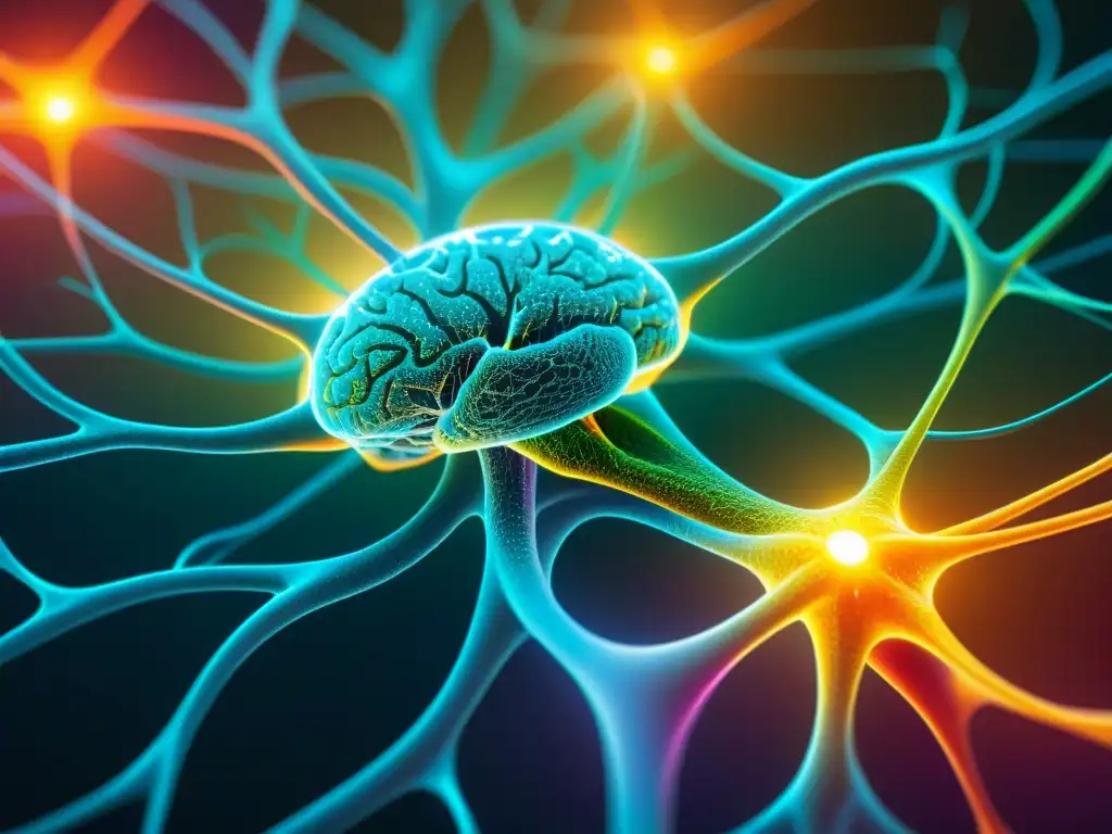 Neuronas vibrantes: la complejidad del cerebro humano Detalle de la red de neuronas del cerebro humano con colores vibrantes y pulsantes, transmitiendo complejidad e interconexión