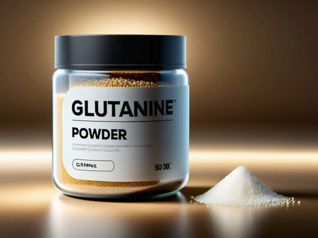 Brillante glutamina pura en frasco de vidrio Detalle de tarro de vidrio transparente con polvo de glutamina de alta pureza, resaltando la calidad y beneficios de la glutamina