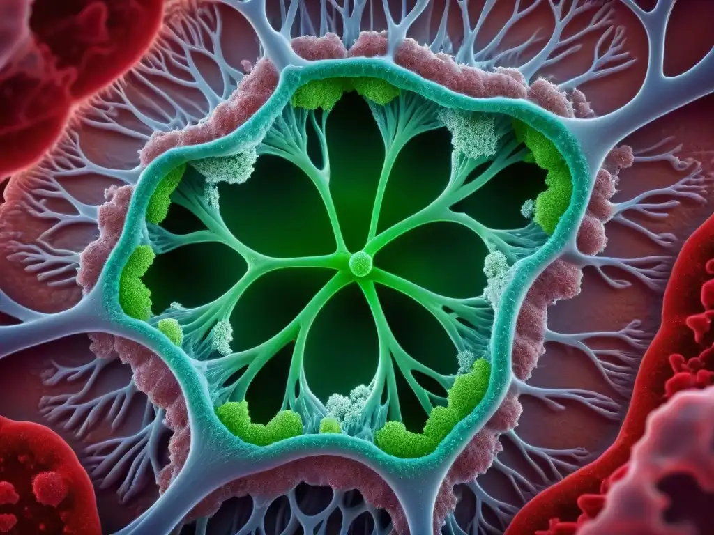 Imagen de tiroides en 8k: estructura detallada con cristales de calcio Detalle 8k de tiroides verde rodeada de vasos sanguíneos, con cristales de calcio generando interferencia
