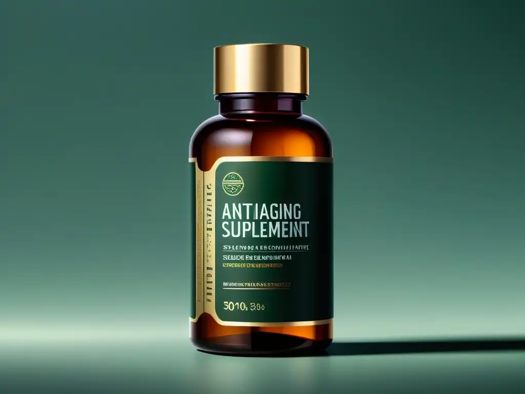Suplemento antienvejecimiento de lujo: diseño moderno y natural Detalle ultradetallado de un elegante suplemento antienvejecimiento de alta gama, con diseño moderno, toques metálicos y etiqueta científica botánica