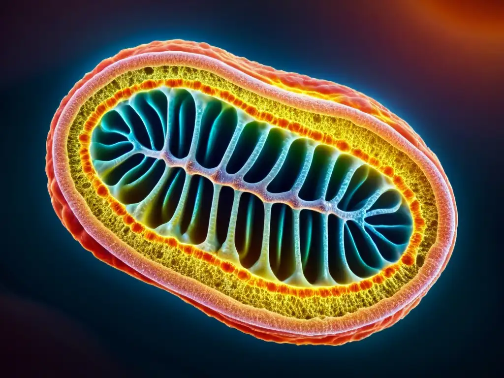 Estructura detallada de la mitocondria: ATP y energía celular Detalle ultradetallado de una mitocondria en una célula muscular, resaltando pliegues de la membrana interna y moléculas de ATP sintasa