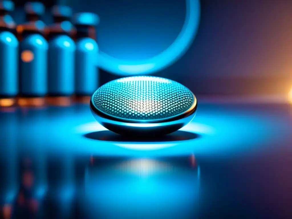 Píldora biotecnológica futurista: nanotecnología y brillo metálico Detalle ultramoderno de un suplemento biotecnológico, iluminación azulada y equipamiento de laboratorio al fondo