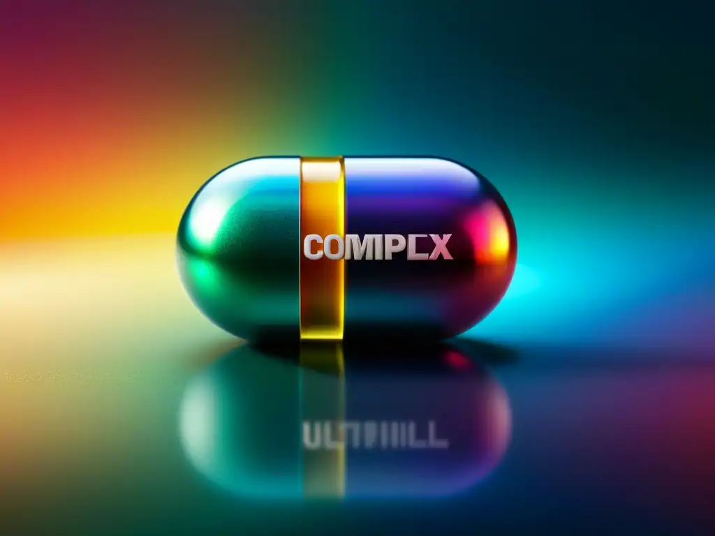 Suplemento BComplex: Detalles en Alta Definición Detalle ultrarrealista de un suplemento BComplex para prevención de depresión, destacando su textura y marca